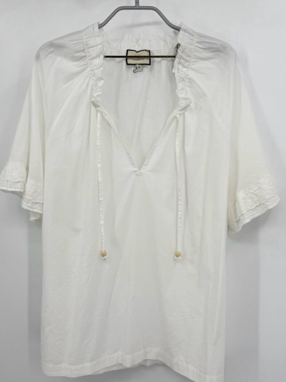 Tuckernuck White Short Sleeve Blouse with Lace Trim XXL